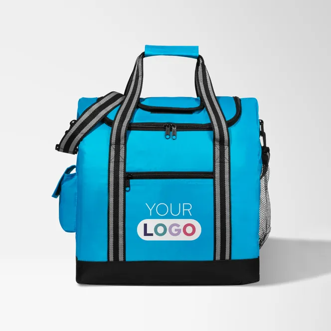 Promotional Flip Flap Insulated Kooler Bag cooler in Carolina Blue with a silkscreened full color logo.