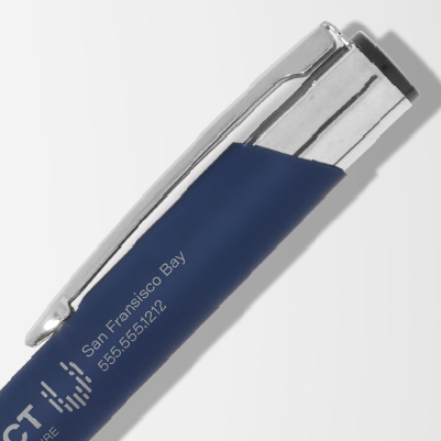 Thumbnail of personalised metal pens with a blue barrel.