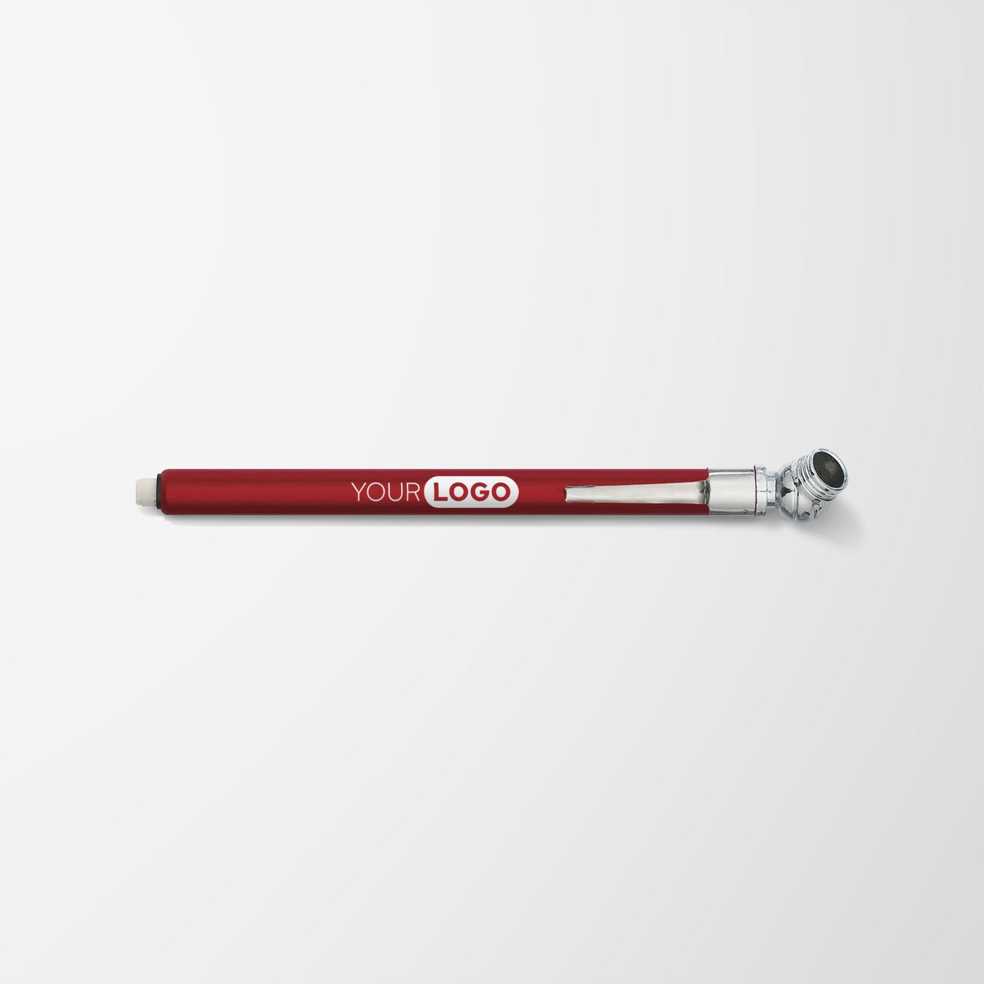 Dark red branded tire pressure gauge.