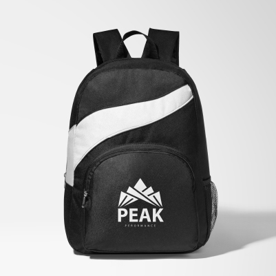Black branded backpack with white stripe and white logo print