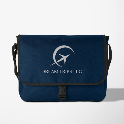 Dark blue business bag with company logo and name printed