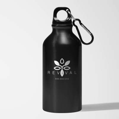 Black water bottle with printed logo and with carabiner