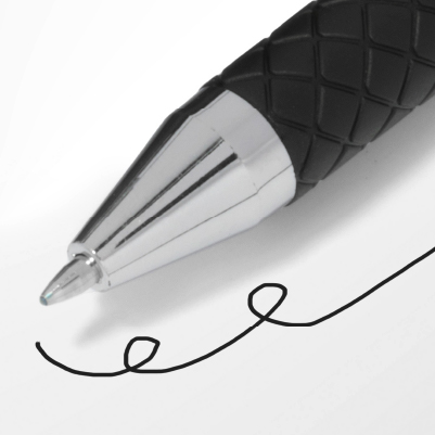 Penna gel promozionale con tratto di inchiostro nero su carta