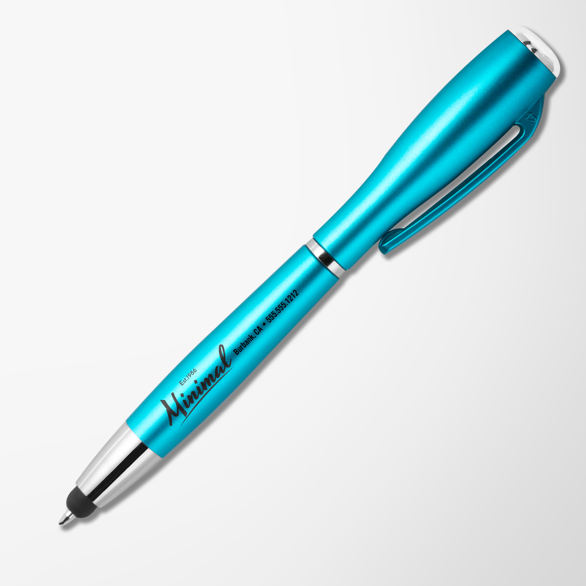 Branded teal pen flashlight.