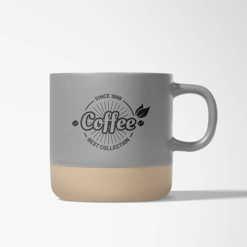 Grey promotional ceramic mug with a tan boot with a custom logo