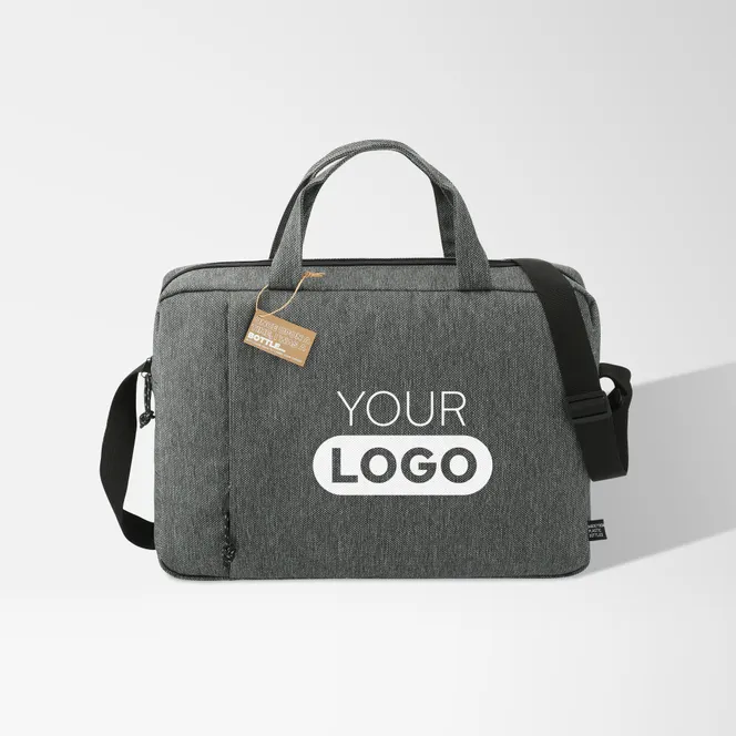 Grey promotional briefcase bag with large white logo