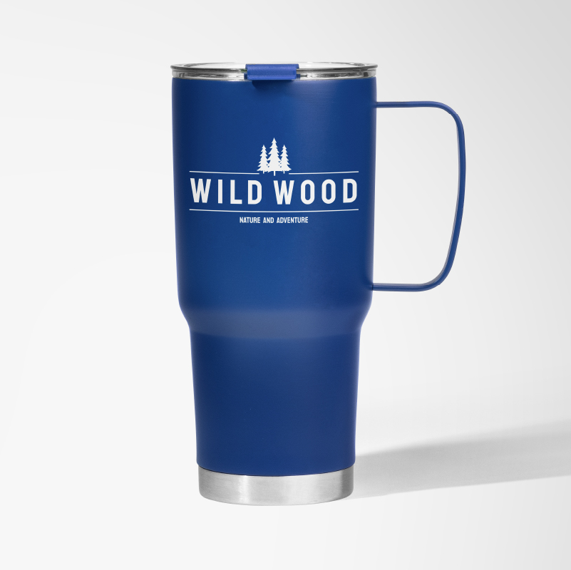 Blue custom travel mug with engraved imprint