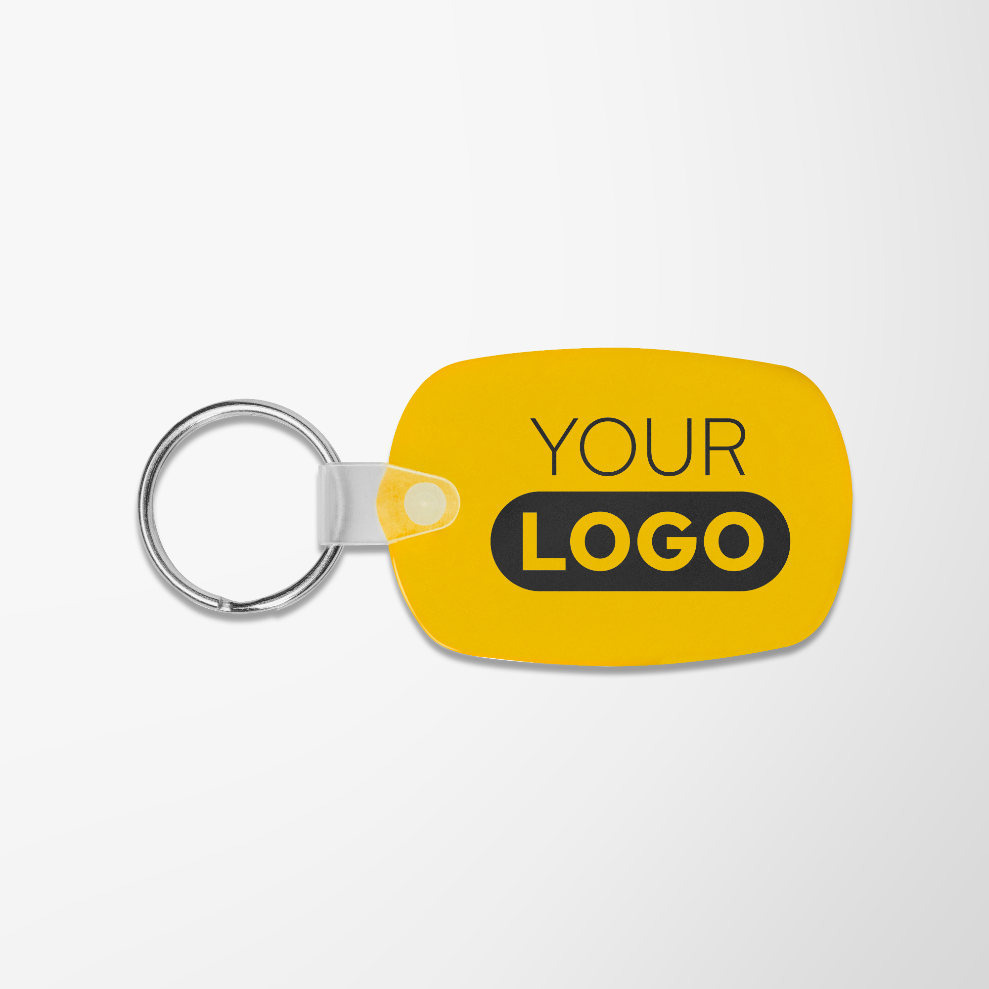 Rectangular yellow plastic branded keychain.