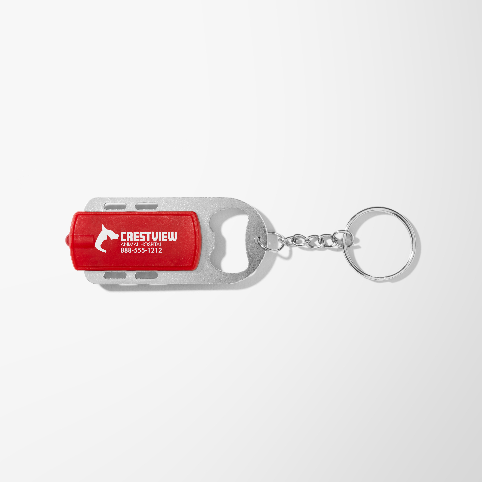 Red branded bottle opener keychain.