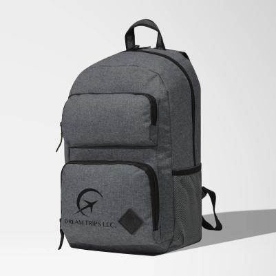 Gray branded backpack with company logo printed