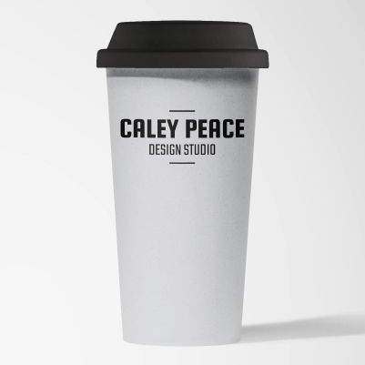 White coffee cup with black lid having a company name printed