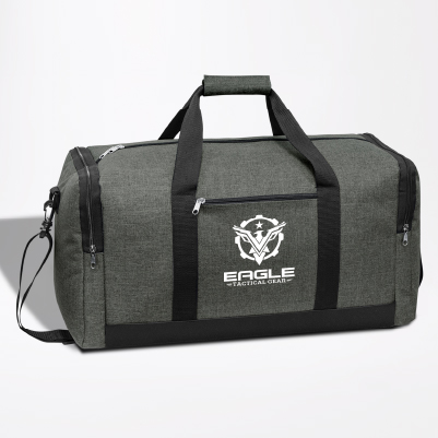 Image thumbnail of Large gray promotional sport & bag with white logo on display.