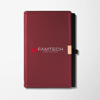 Dark red promotional notebook on display