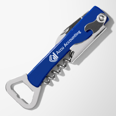 Promotional stainless steel bottle opener in clue colour
