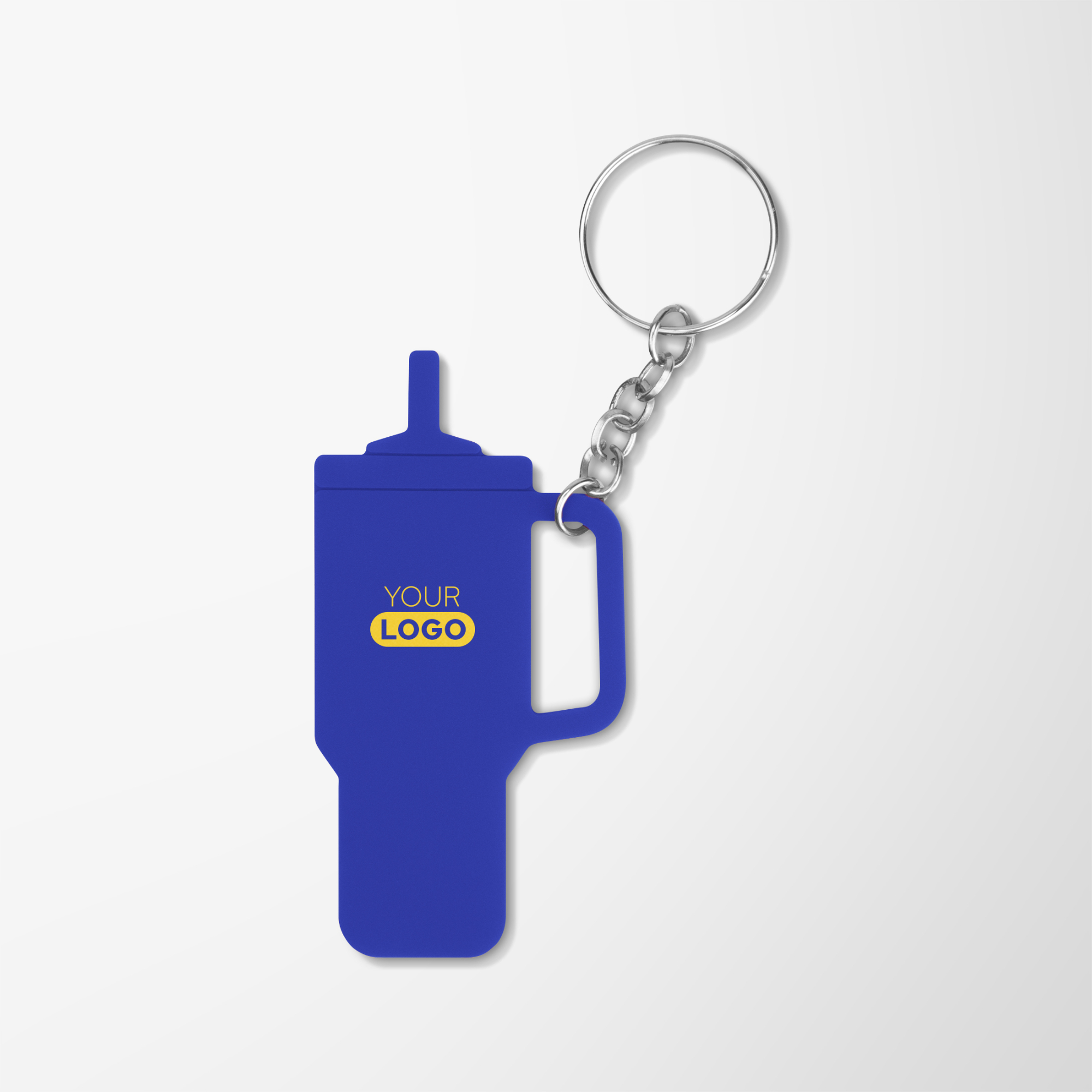 Blue branded keychain in the shape of a tumbler cup.