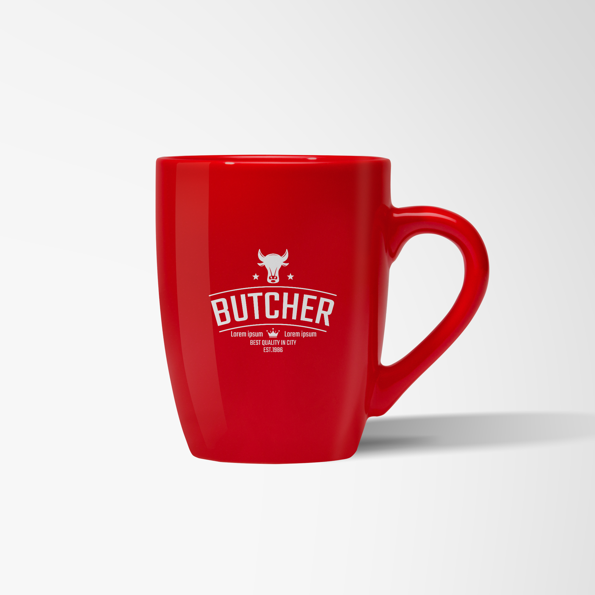 Red ceramic coffee mug with logo.