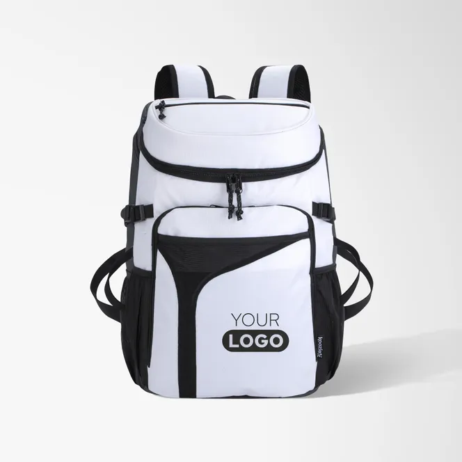 Promotional Koozie® Boho Recycled Cooler Backpack in white with a silkscreened logo imprint.