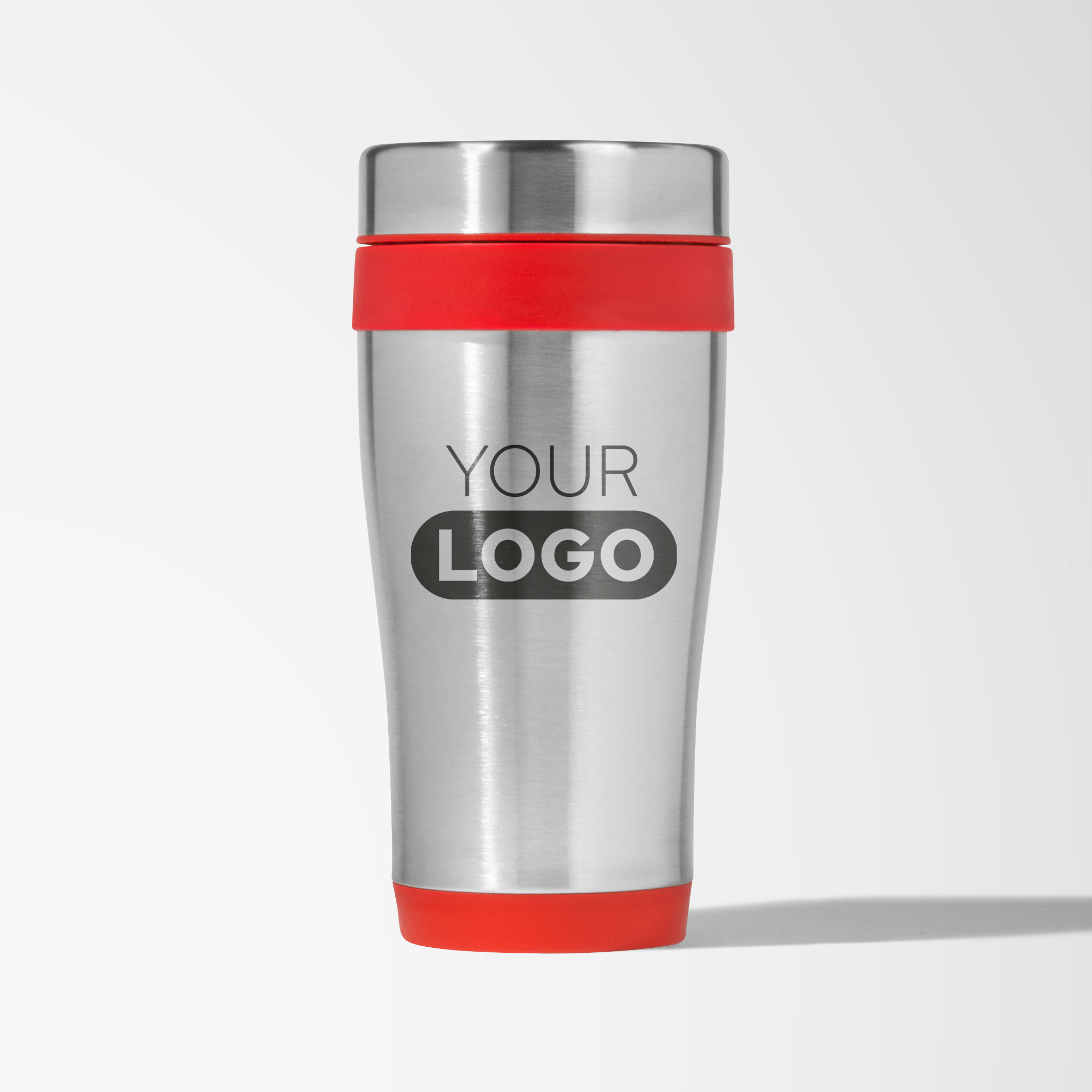 Stainless Steel branded tumbler with red trim.