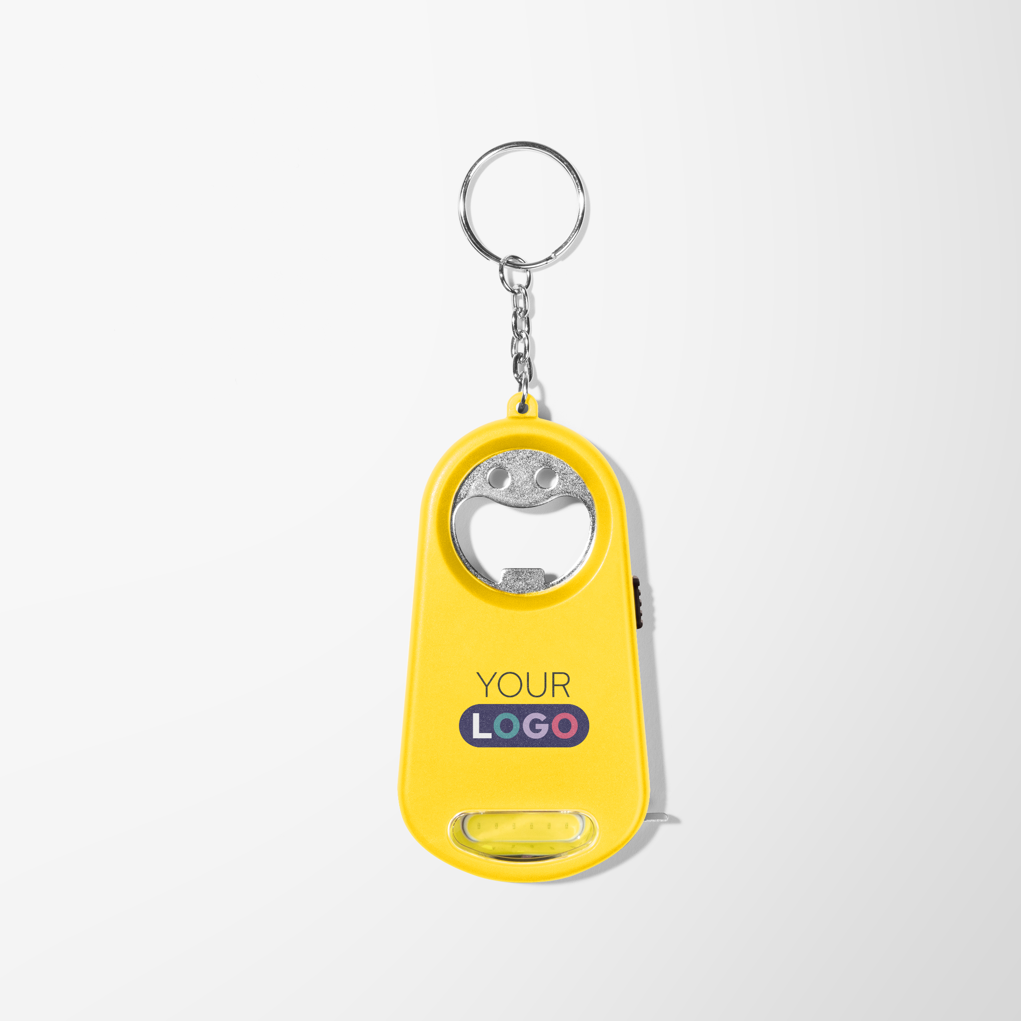 Branded yellow plastic gadget flashlight keychain.