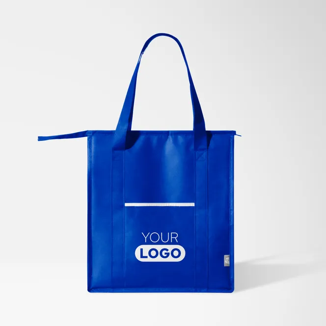 Promotional Hugo Recycled Cooler Insulated Tote Bag in royal blue with a silkscreened logo imprint.