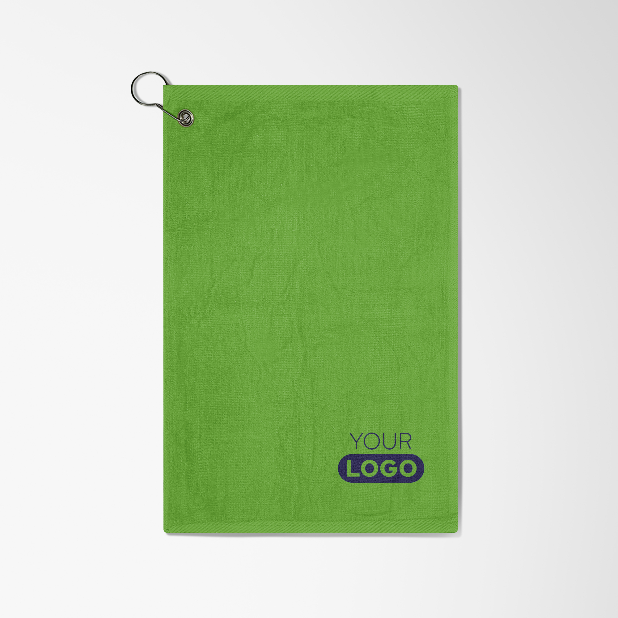 Branded lime green golf towel.
