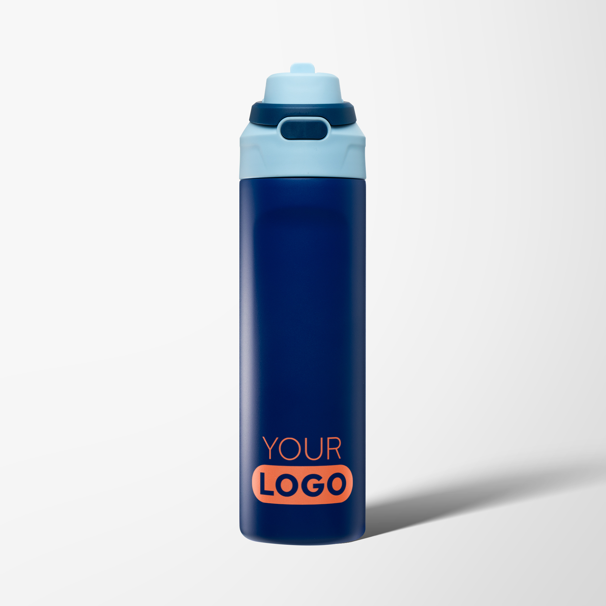 Navy blue branded water bottle with light blue lid.