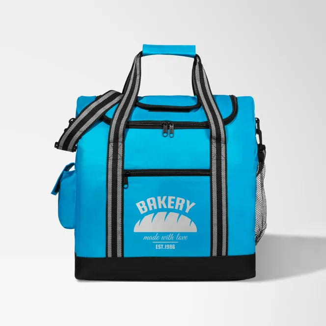 Promotional Flip Flap Insulated Kooler Bag cooler in Carolina Blue with a silkscreened full color logo.