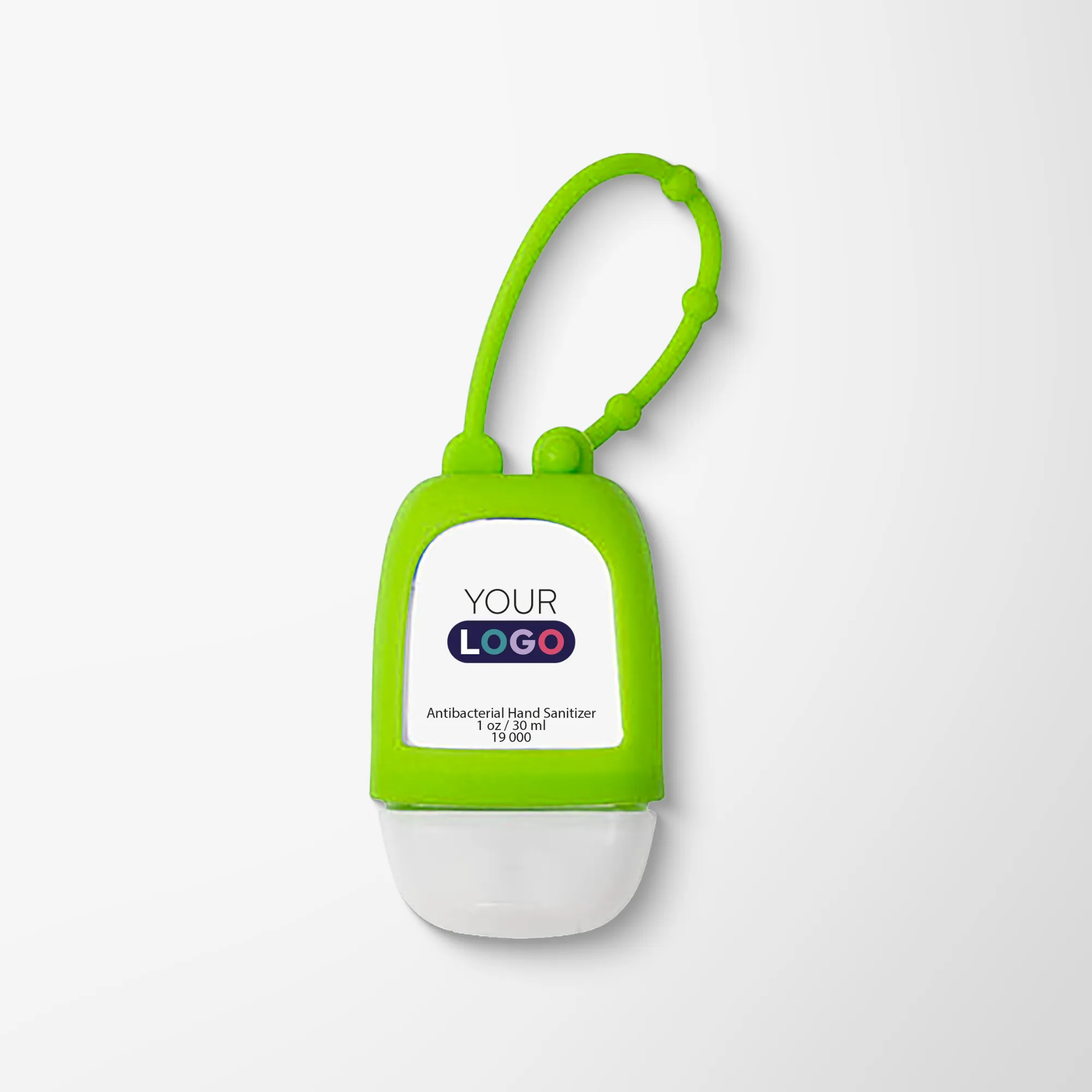 Mini hand sanitizer bottle with neon green carrying case.