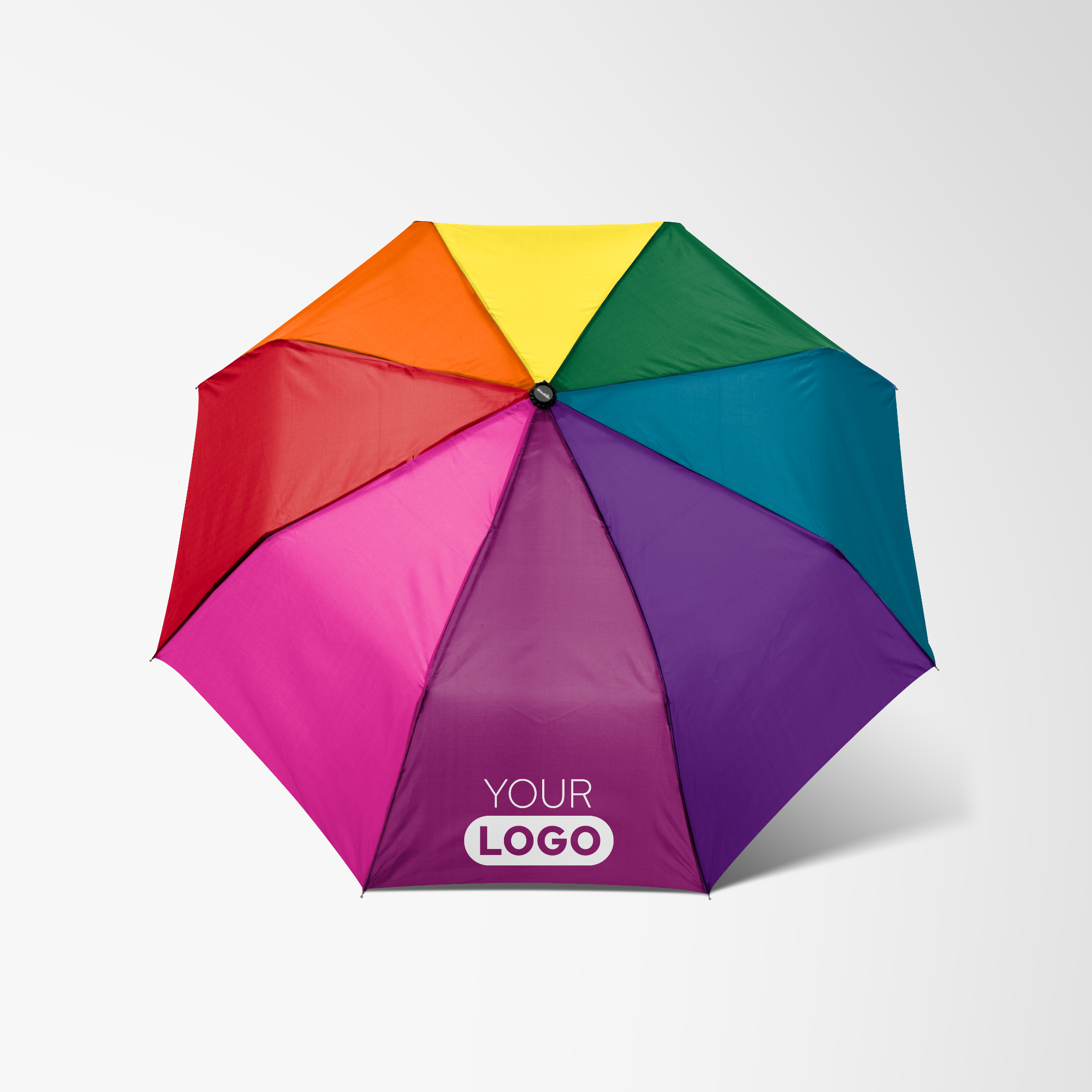 Branded umbrella with rainbow colored panels.