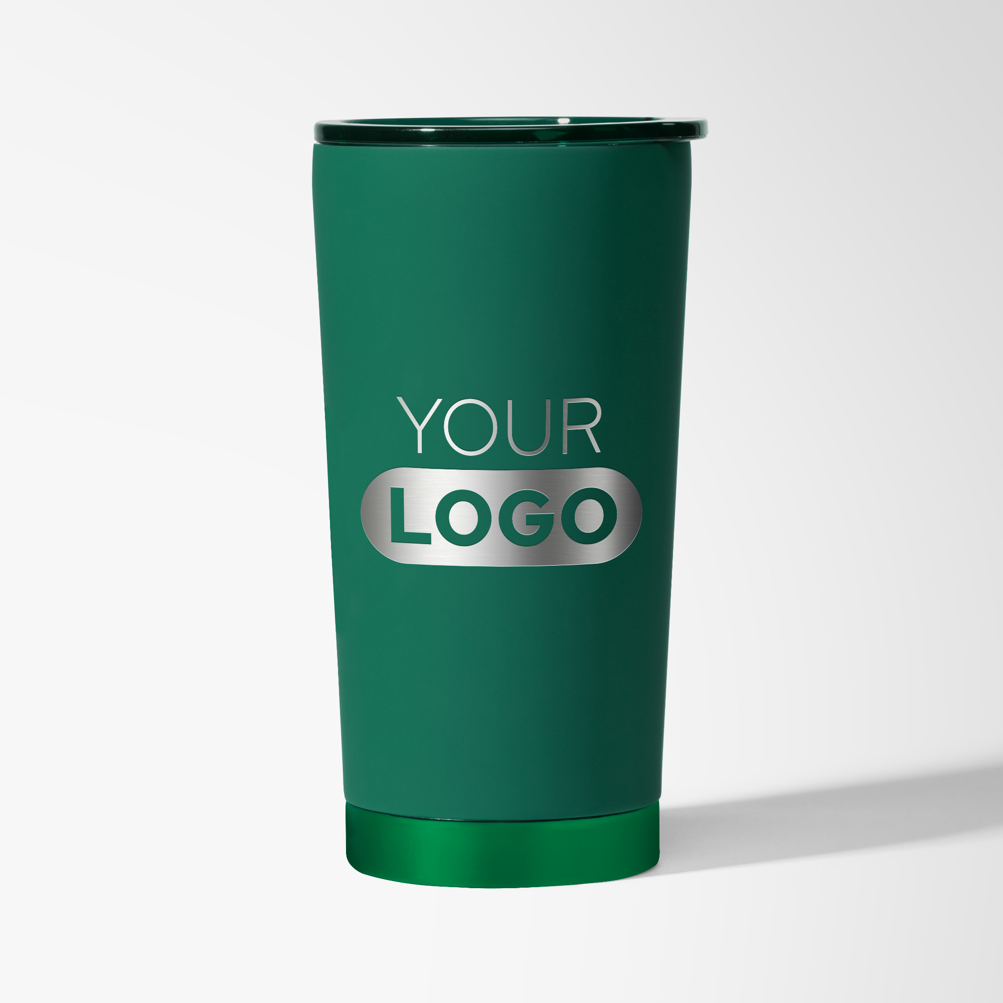 Dark green branded tumbler with engraved logo.