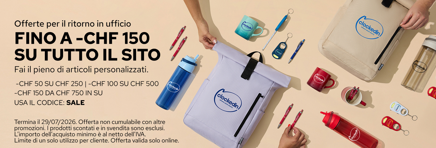 Risparmia fino a CHF 150 sui gadget personalizzati.