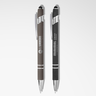 Two custom printed metal pens standing up on display.