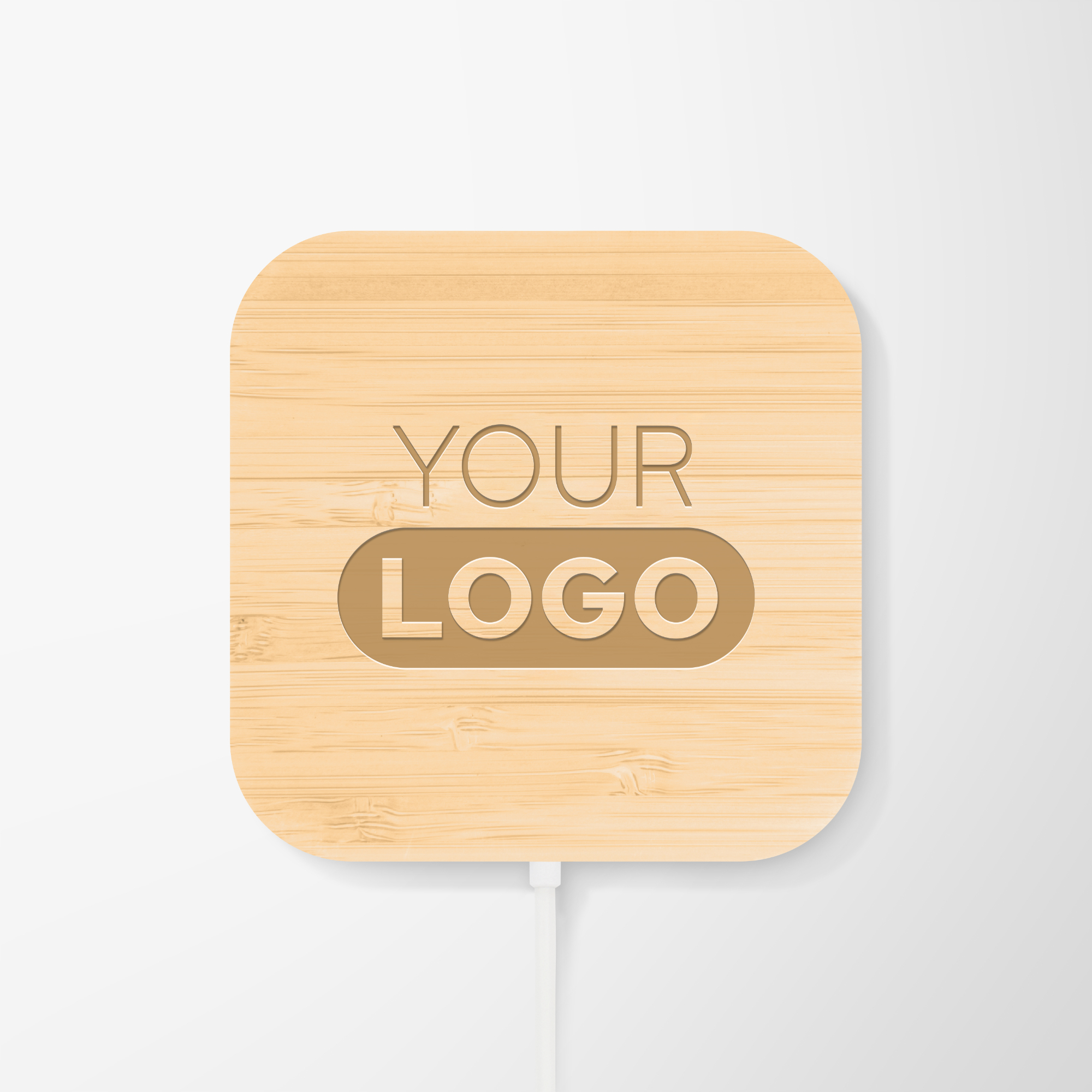 Branded square bamboo wireless charger.