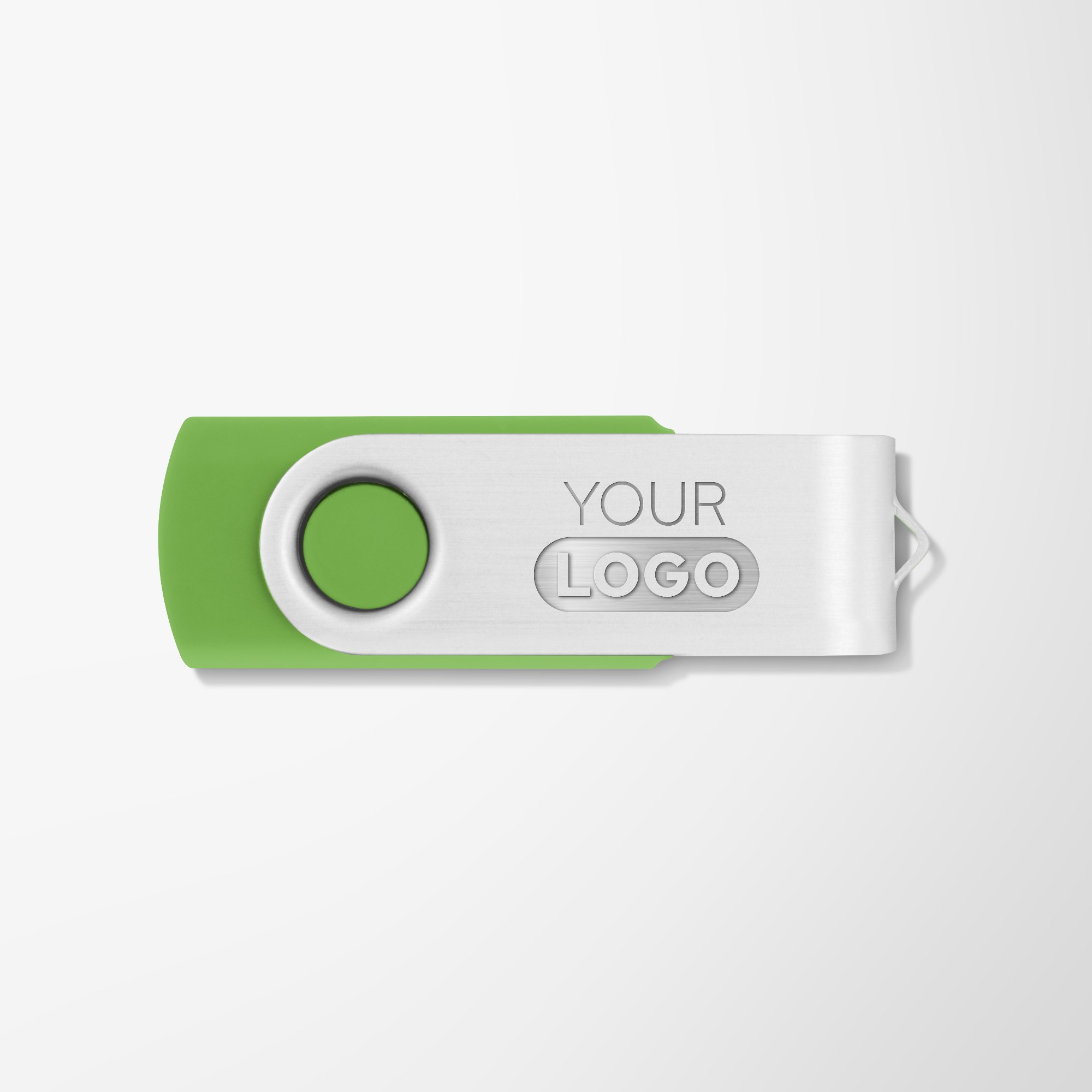Branded green and silver USB flash drive.