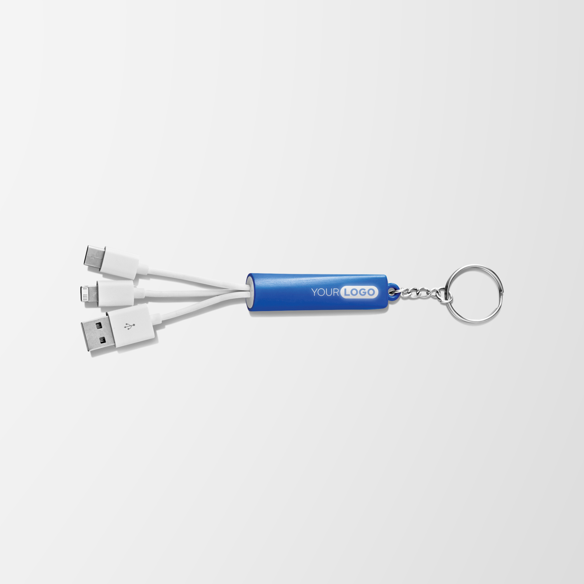 Branded blue and white charging cable keychain.