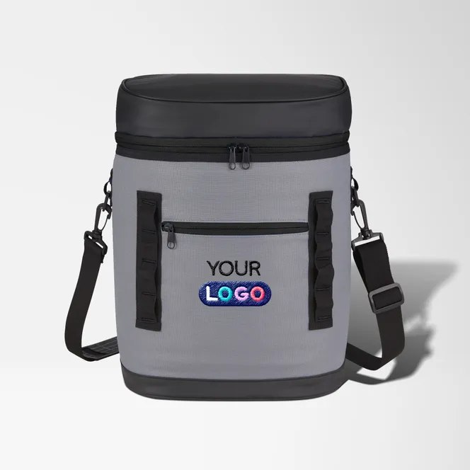 Large grey promotional cooler backpack with full colour logo on display.