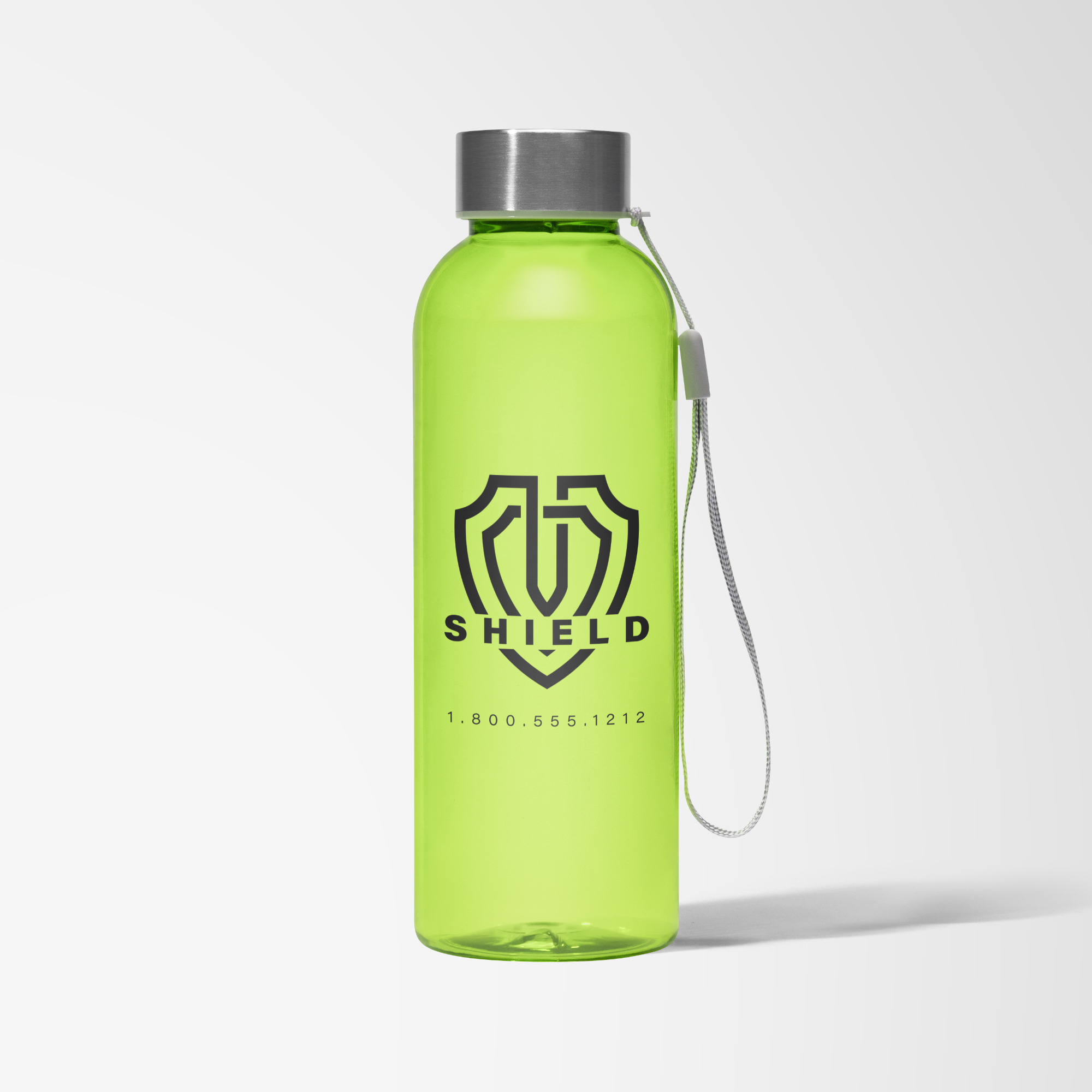 Bright green branded water bottle with silver lid and carring strap