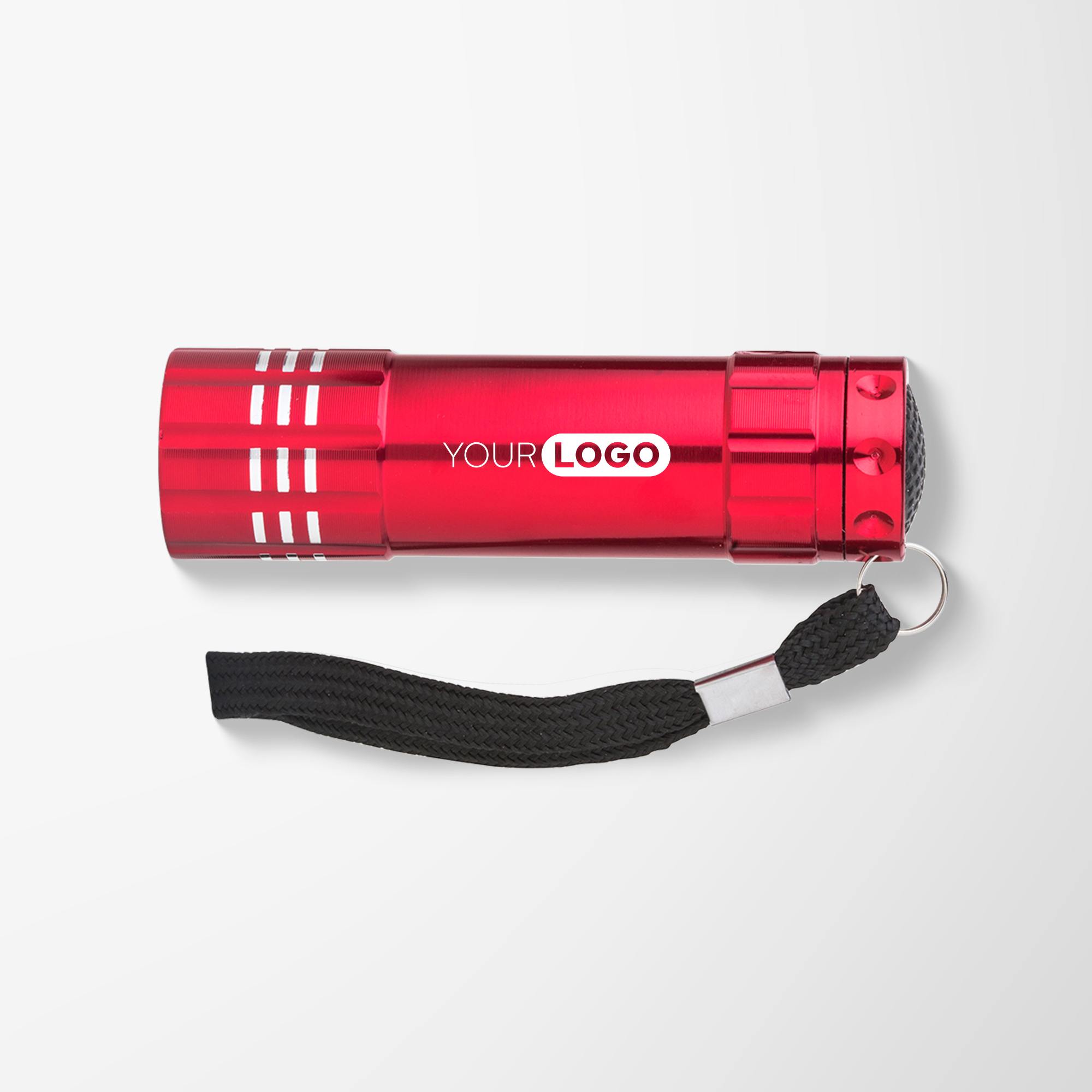 Branded metallic red flashlight.