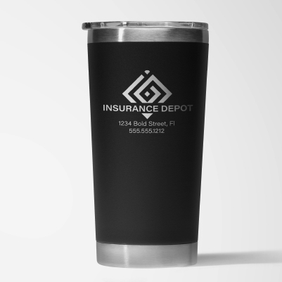 Branded tumbler in black with a white logo imprint