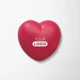 Red promotional heart shaped stress toy with logo on display.