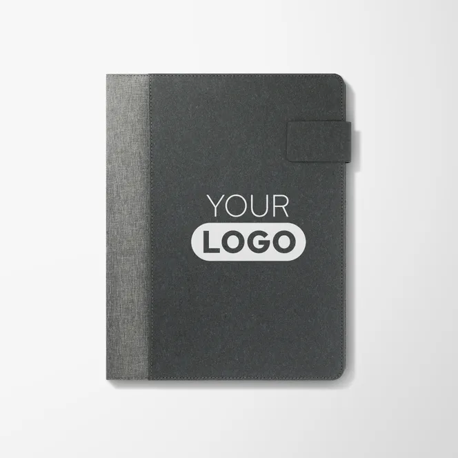 Promotional padfolio in two-tone grey with logo.