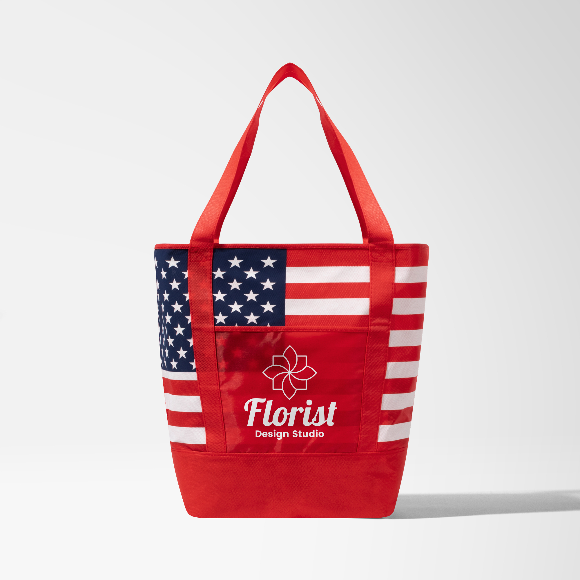 Red White and Blue flag promotional bag with logo print.