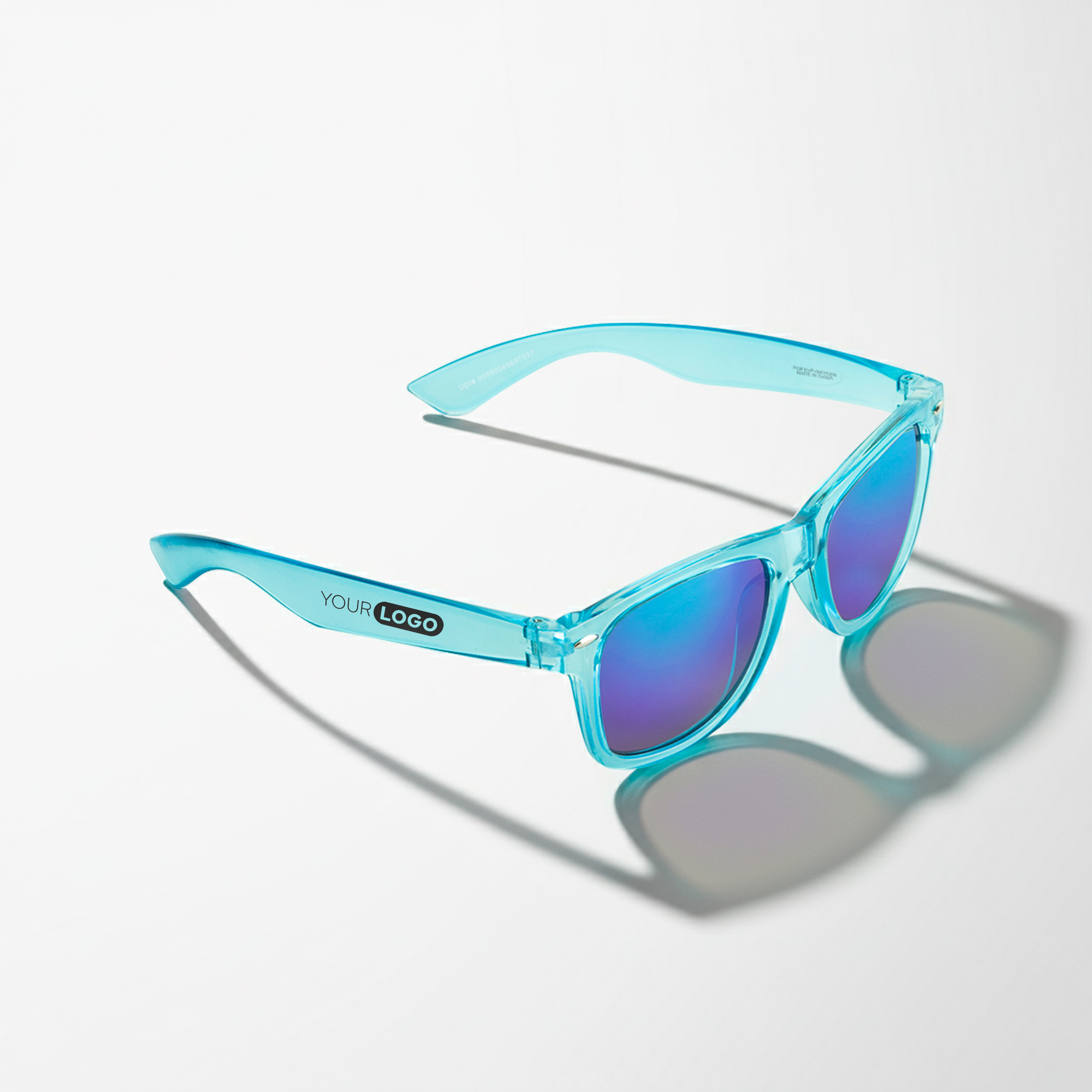 Branded clear blue sunglasses with mirrored lenses.