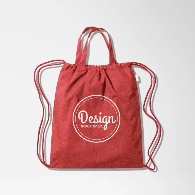 Red promotional drawstring bag with white logo.