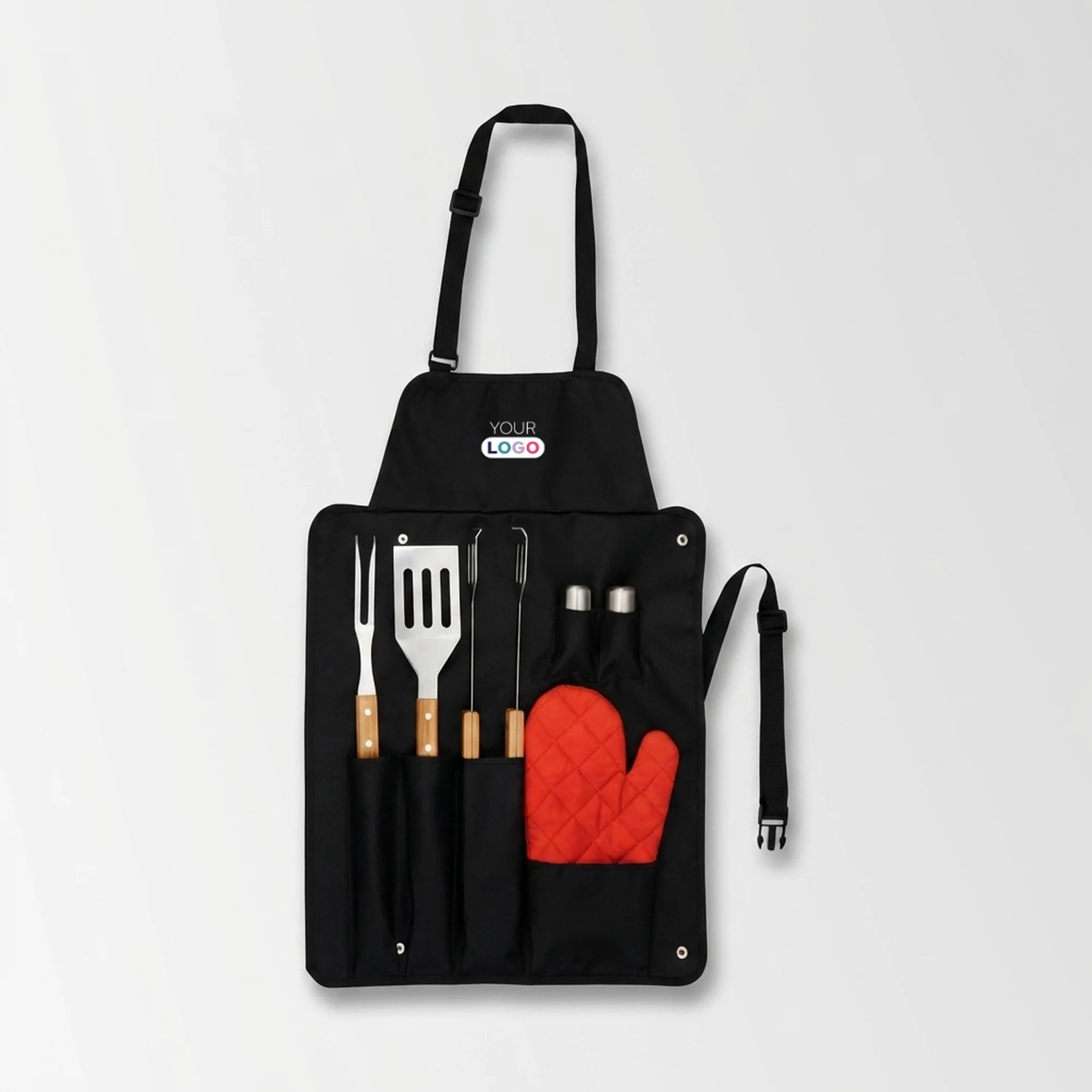 Branded black apron with bbq tools.