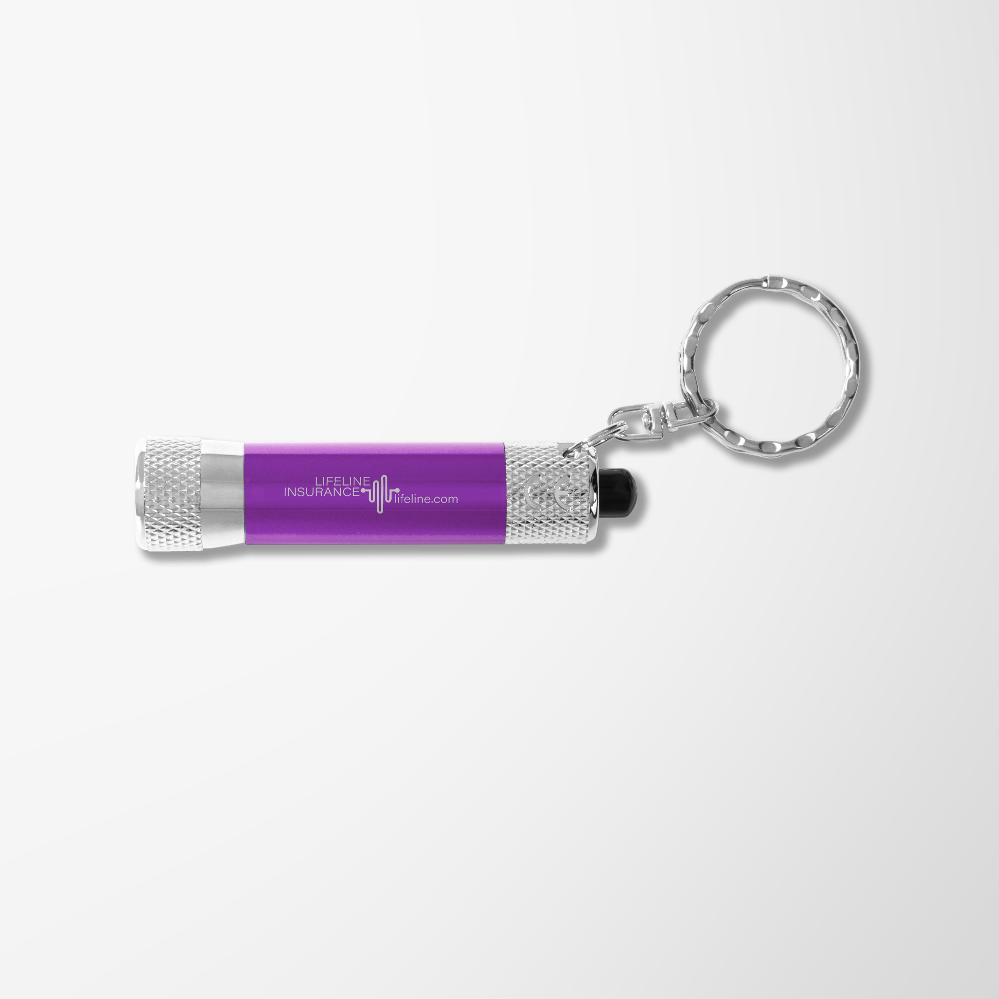 Purple branded flashlight keychain.