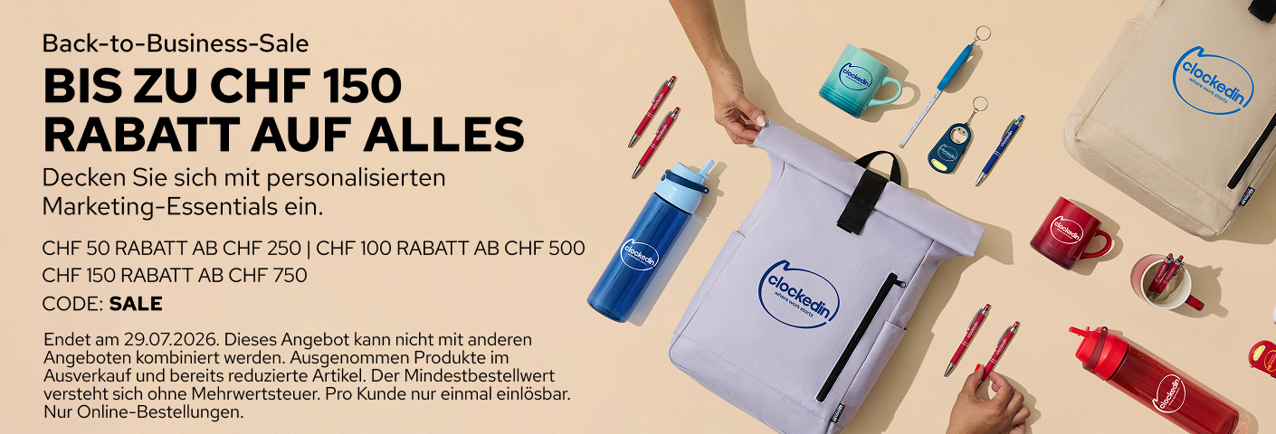 Sichern Sie sich bis zu CHF 150 Rabatt auf Werbeartikel.