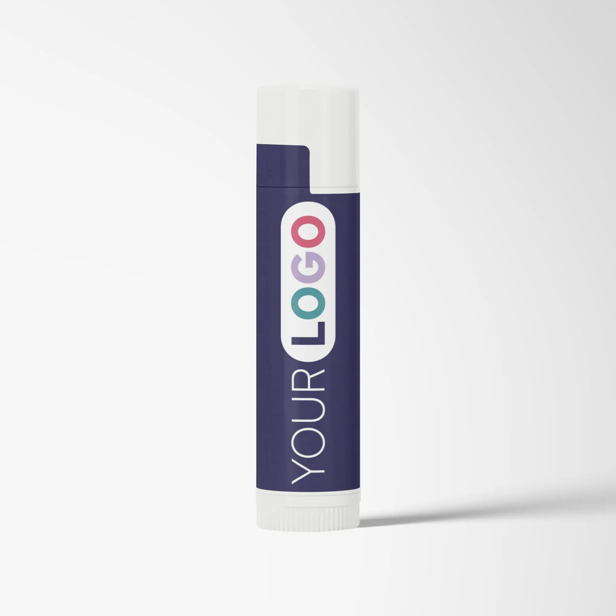 Branded lip balm tube with navy blue label.