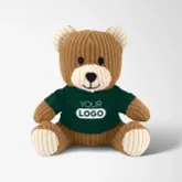 Brown plushie bear with custom green shirt and logo