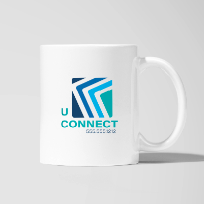 White promotional coffee mug with blue logo